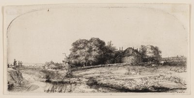 Cottages and a Hay Barn on the Diemerdijk with a Flock of Sheep by Rembrandt van Rijn