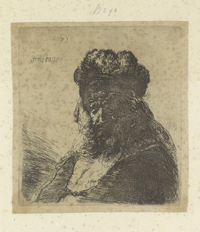 Bearded Old Man with High Fur Hat and Closed Eyes by Rembrandt van Rijn