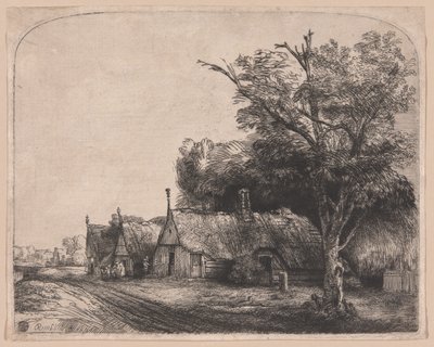 Landscape with Three Gabled Cottages Beside a Road by Rembrandt van Rijn