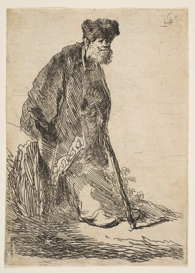 Man in a Coat and Fur Cap Leaning against a Bank by Rembrandt van Rijn