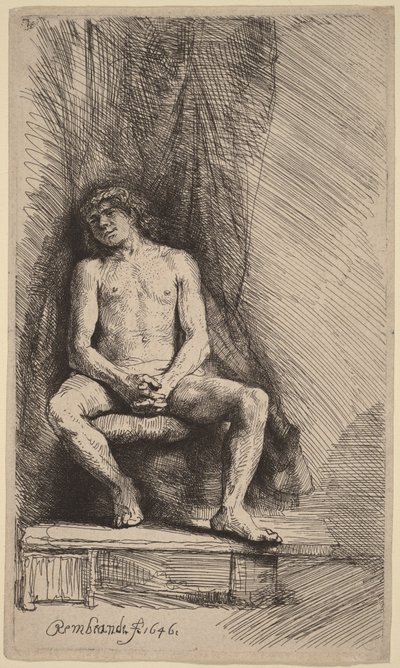 Nude Man Seated Before a Curtain by Rembrandt van Rijn
