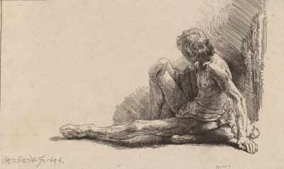 Nude Man Seated on the Ground with One Leg Extended by Rembrandt van Rijn