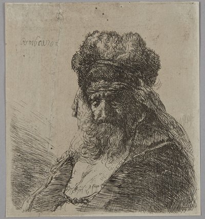 Old Bearded Man in a High Fur Cap, with Eyes Closed by Rembrandt van Rijn