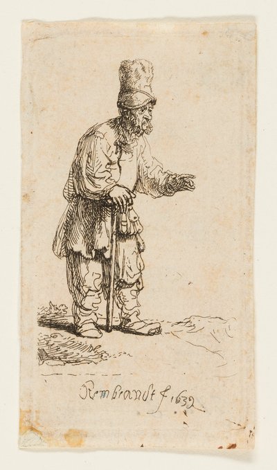 Peasant in a High Cap, Standing Leaning on a Stick by Rembrandt van Rijn