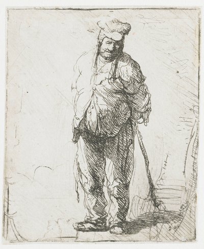 Ragged Peasant with His Hands Behind Him, Holding a Stick by Rembrandt van Rijn