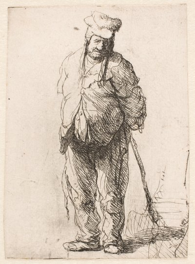 Ragged Peasant with His Hands Behind Him, Holding a Stick by Rembrandt van Rijn
