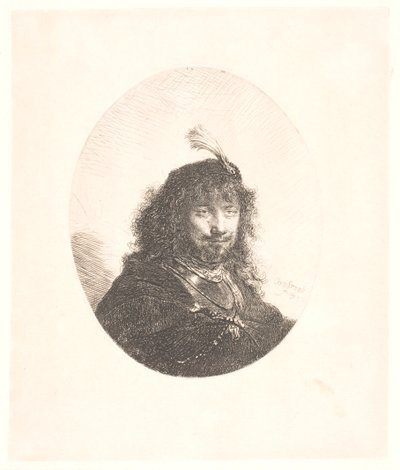 Rembrandt with Plumed Cap and Lowered Sabre: Three-Quarter Length: Afterwards Bust in Oval by Rembrandt van Rijn
