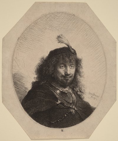 Self-Portrait (?) with Plumed Cap and Lowered Sabre by Rembrandt van Rijn