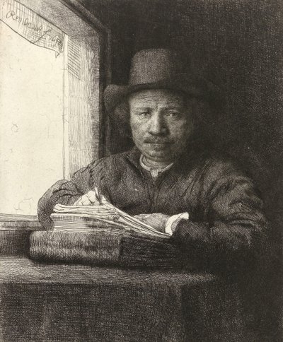 Self-portrait etching at a window, 1648 by Rembrandt van Rijn