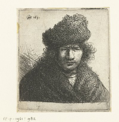 Self-portrait in a slant fur cap: bust by Rembrandt van Rijn