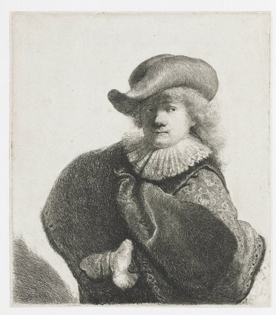 Self-Portrait in a Soft Hat and a Patterned Cloak by Rembrandt van Rijn