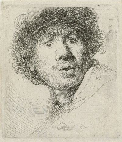 Self-portrait with beret and wide-eyed by Rembrandt van Rijn