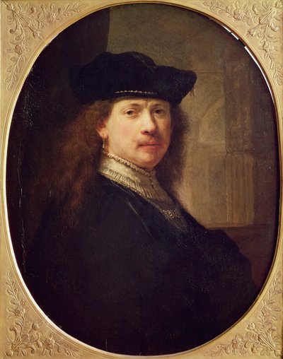 Self Portrait with Hat with Architecture in the Background (1637) by Rembrandt van Rijn