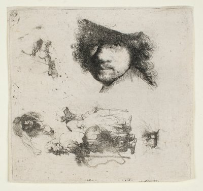 Sheet of Studies: Head of the Artist, a Beggar Couple, Heads of Old Man and Old Woman, etc. by Rembrandt van Rijn