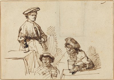 Sketches from a Tavern: Woman Standing and Two Men Seated by Rembrandt van Rijn