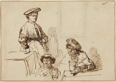 Sketches from a Tavern: Woman Standing and Two Men Seated by Rembrandt van Rijn