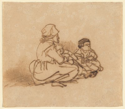 Woman Seated on the Ground with Two Children by Rembrandt van Rijn