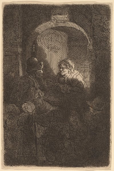 Woman at a Door Hatch Talking to a Man and Children by Rembrandt van Rijn