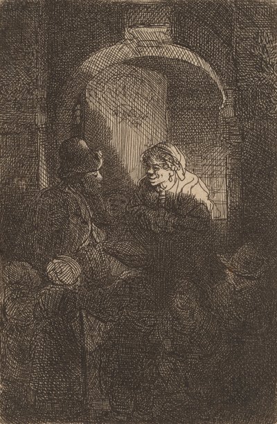 Woman at a Door Hatch Talking to a Man and Children The Schoolmaster by Rembrandt van Rijn