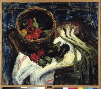 Still Life in Vegetable Basket: Peppers, Eggplant and Leeks by Rene Auguste Seyssaud