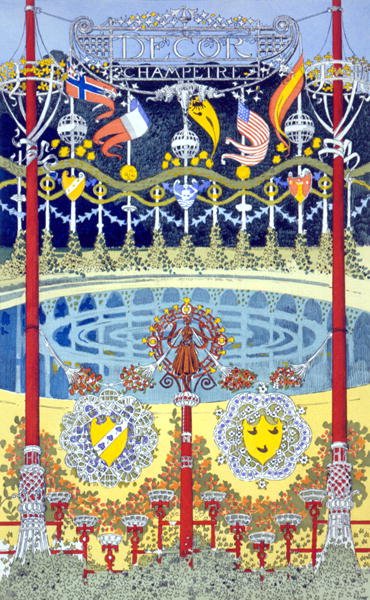 Decor Champetre, graphic design depicting a pool with festive decorations by Rene Binet