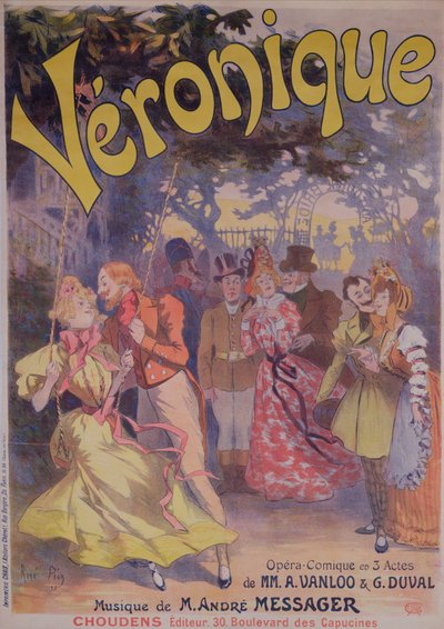 Poster Advertising Veronique, a Comic Opera with Words by A. Vanloo and G. Duval and Music by Andre Messager, 1898 by Rene Pean