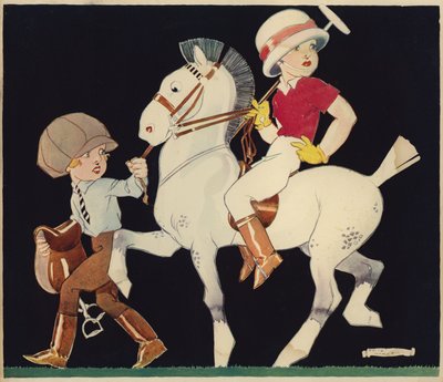 Boy on Polo Pony, Being Led by Stable Girl by Rene Vincent