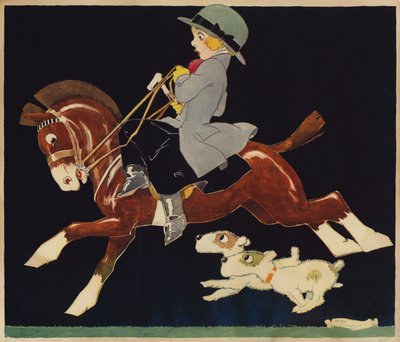 Girl Riding a Fast Pony, with Dogs Following by Rene Vincent