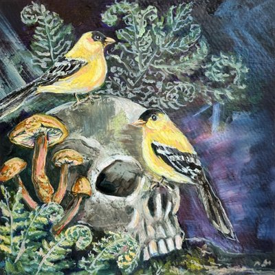 Dark Nature Goldfinches by Renee Machan Cottagecore Artist
