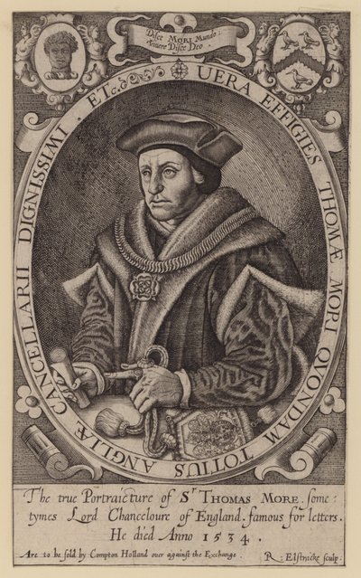 Sir Thomas More, English lawyer, statesman, philosopher and humanist (engraving) by Renold (after) Elstrack