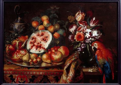 Still life with red parrot and fruit by Reynaud Levieux