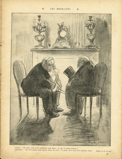 Illustration of Ricardo Flores (1878-1918) in Le Rire, 22/02/13 - Pensions - President of the Republic - Fallieres Armand (1841-1931), Loubet Emile by Ricardo Flores