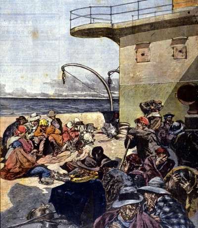 Italian emigration to Canada; the trip on board the Lake Megantic was made under rather difficult conditions. Illustration by R. Pellegrini. La Domenica del corriere. 02/06/1901 by Riccardo Pellegrini