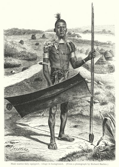 Shuli warrior fully equipped; village in background by Richard (after) Buchta
