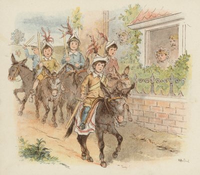 Children on donkeys off to play war by Richard Andre