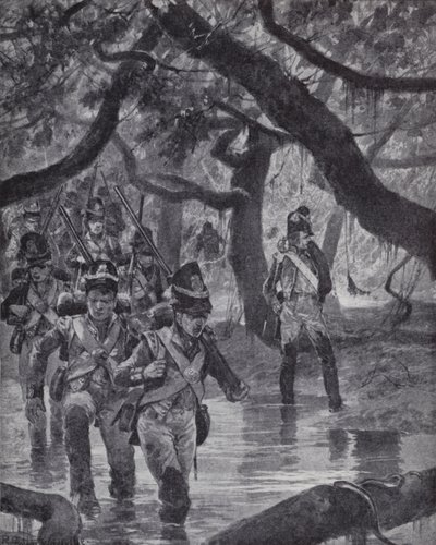 British soldiers crossing the swamps of the Essequibo River in British Guiana by Richard Caton II (after) Woodville