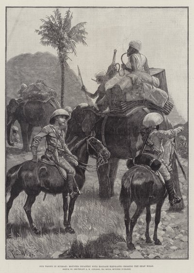 Our Troops in Burmah, Mounted Infantry with Baggage Elephants Crossing the Shan Hills by Richard Caton Woodville junior