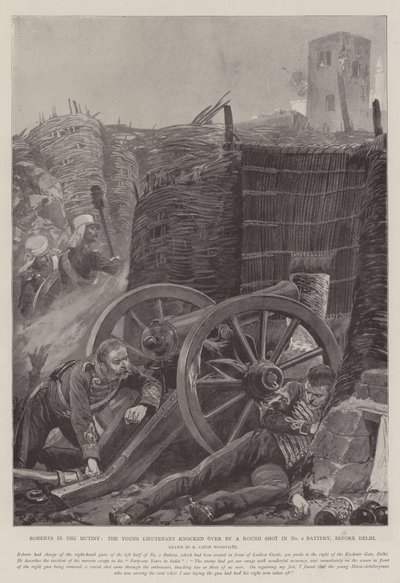 Roberts in the Mutiny, the Young Lieutenant knocked over by a Round Shot in No 2 Battery, before Delhi by Richard Caton Woodville junior