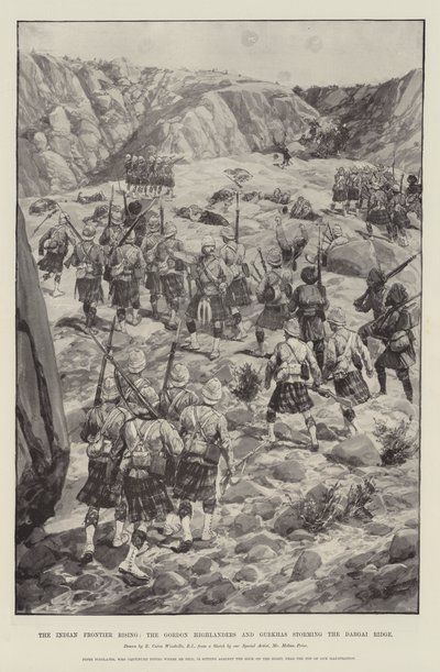 The Indian Frontier Rising, the Gordon Highlanders and Gurkhas Storming the Dargai Ridge by Richard Caton Woodville junior