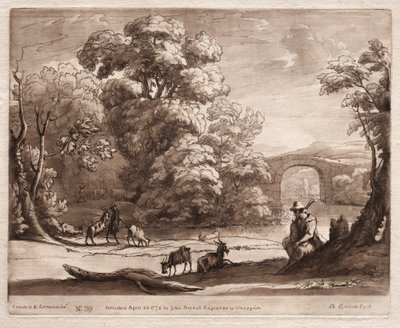 Liber Veritatis: No. 39, A Landscape with Herdsman Playing a Bagpipe and Goats Browsing by Richard Earlom