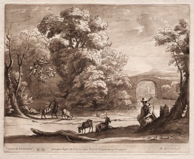 Liber Veritatis: No. 39, A Landscape with Herdsman Playing a Bagpipe and Goats Browsing by Richard Earlom