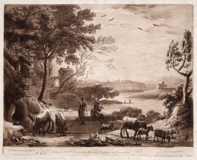 Liber Veritatis: No. 42, A River Landscape with a Shepherd and Shepherdess and a Herd of Cattle by Richard Earlom