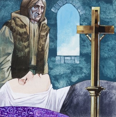 Sir Lancelot arrives at the nunnery to find Queen Guinivere has already died by Richard Hook