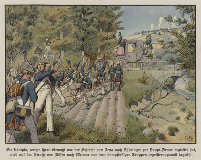 Prussian Soldiers Greeting Queen Louise of Prussia as She Passes Them on the Road from Kosen to Weimar by Richard Knotel