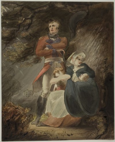 Officer Seeking Shelter with his Wife and Children from a Storm (recto); Sketch of Castle on Hill (verso) by Richard Westall
