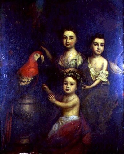 Portrait of Three Children with a Macaw by Robert (circle of) Byng or Bing