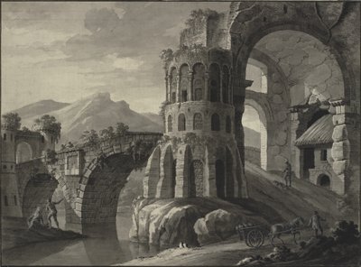Architectural Fantasy: Ruin of Antique Bridge, Flanked by Medieval Towers by Robert Adam