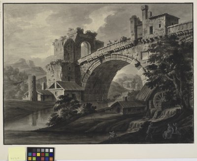 Architectural Fantasy with an Antique Bridge over a River, and a Watermill in the Foreground by Robert Adam