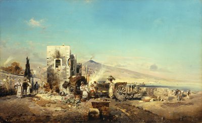 A Neapolitan Village with Vesuvius in the Distance, 1889 by Robert Alott