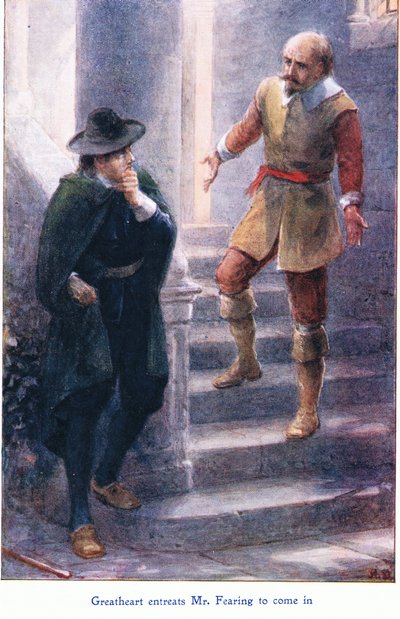 Great Heart Entreats Mr Fearing to Come In, from The Pilgrims Progress published by John F Shaw & Co, c.1900